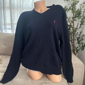 Polo By Ralph Lauren mens Navy Blue V-Neck Lambs Wool Pullover Sweater